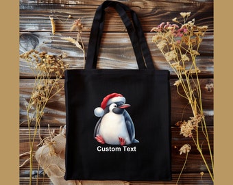 Christmas Penguin Cotton Canvas Tote Bag, Personalized Gift