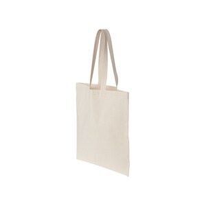 May include: A plain white tote bag with two long handles. The bag is made of a natural fabric.