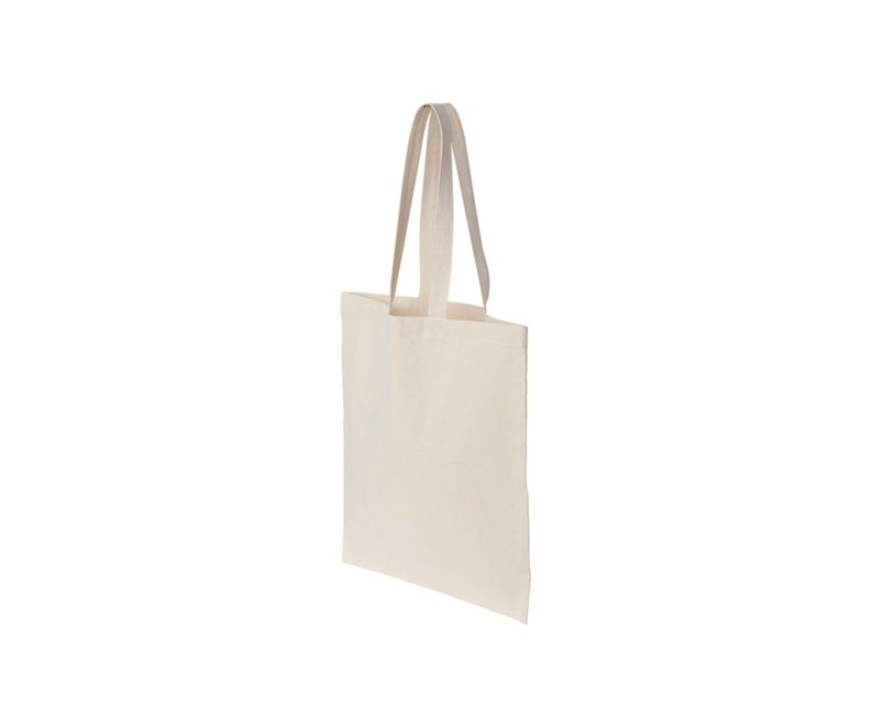 May include: A plain white tote bag with two long handles. The bag is made of a natural fabric.