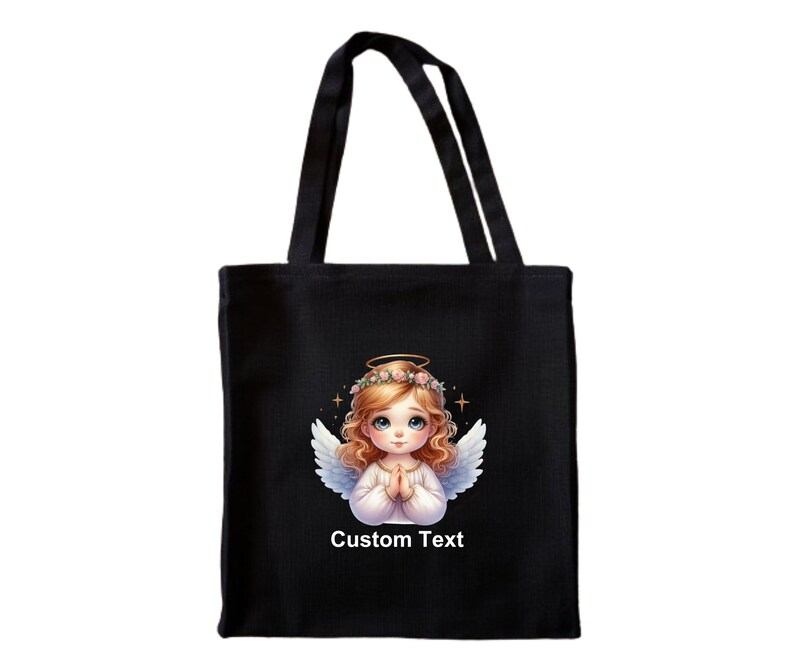 May include: Black tote bag with a white angel illustration and the text "Custom Text".