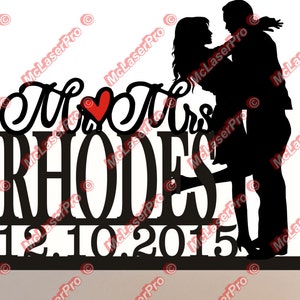 Custom Wedding Cake Topper Mr & Mrs attached to a silhouette Personalized with your last name Removable spikes and base for display after