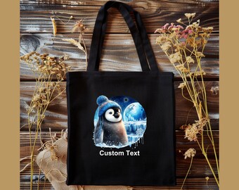 Winter Penguin Cotton Canvas Tote Bag, Custom Animal Tote