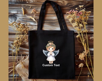 Angel Tote Bag, Custom Text, Cotton Canvas