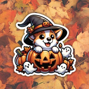 Corgi Pumpkin Patch Sticker, Adorable Puppy Fall Decals, Cute Dog Halloween Decor, Corgi Sticker
