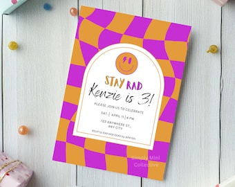Stay Rad Geburtstagseinladung bearbeitbar Kinder Party laden glückliches Gesicht Blitz Schachbrett Schachbrett Digital einladen