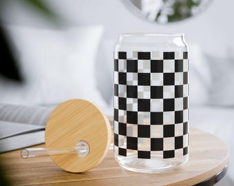 Karierte Glasdose mit Deckel & Strohhalm | Trendy Eiskaffee Gläser | Ästhetische Mom Tasse | Modernes Trinkglas | Geschenk für Sie