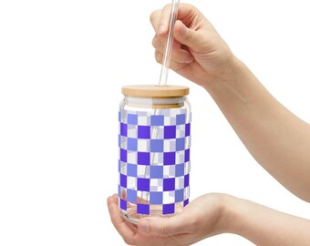 Karierte Glasdose mit Deckel & Strohhalm | Trendy Eiskaffee Gläser | Ästhetische Mom Tasse | Modernes Trinkglas | Geschenk für Sie