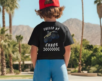Fueled by Chaos Monster Truck Kid T-Shirt Skeleton Monster Truck Tee Punk Rock Kid Shirt Checkerboard Graphic Edgy Fun Kids Clothing