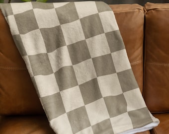 Beige Brown Checkerboard Plush Blanket Cozy Neutral Throw Trendy Mom Aesthetic Blanket Soft Velveteen Couch Bed Blanket