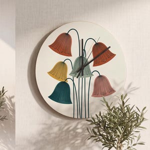 Floral Wall Clock, Mid Century Modern Floral Wooden Wall Clock, Botanical Art Print Clock, Abstract Bell Flower Poppy Clock, Wall Art Decor