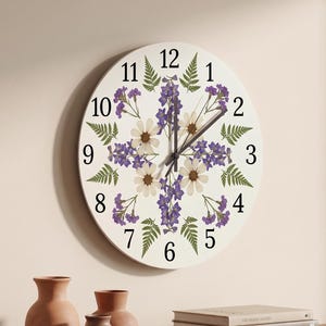 Flower Print Purple Flower Clock with Numbers, Wildflower Wreath Clock, Clock With Printed Floral Numbers, Flower Wall Clock Kitchen Decor