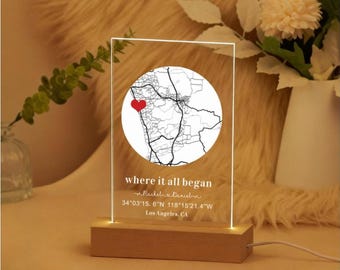 Anniversary Gift, Custom First Map Acrylic LED Light, Where It All Began, Personalized Valentine's Day Gift, Where We First Met Map