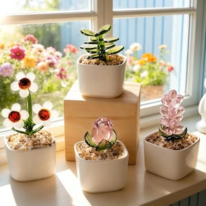 Könnte beinhalten: Vier Glasskulpturen von Pflanzen in weißen quadratischen Töpfen auf einer Fensterbank. Die Pflanzen umfassen eine Gänseblümchen, eine Sukkulente, eine Rose und eine Hyazinthe. Die Skulpturen bestehen aus klarem und farbigem Glas, die Töpfe sind mit kleinen Kieselsteinen gefüllt.