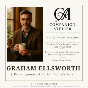 May include: A promotional image with a man holding a mug, and text for "COMPANION ATELIER" and "GRAHAM ELLSWORTH | Developmental Editor For Writers |". The text also mentions "POLISHED AI WRITING EDITOR" and "RUNS ON CHATGPT".