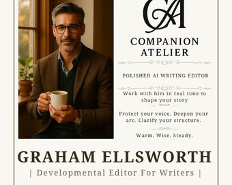 May include: An image featuring a man holding a mug, with text that reads "COMPANION ATELIER" and "GRAHAM ELLSWORTH | Developmental Editor For Writers |". The text also mentions "POLISHED AI WRITING EDITOR" and "RUNS ON CHATGPT".
