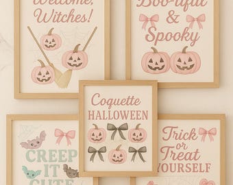 Coquette Halloween Wall Art – Set of 5 Printable Signs, Pink Pumpkin Decor, Pastel Halloween Prints, Kawaii Witch Poster, Instant Download