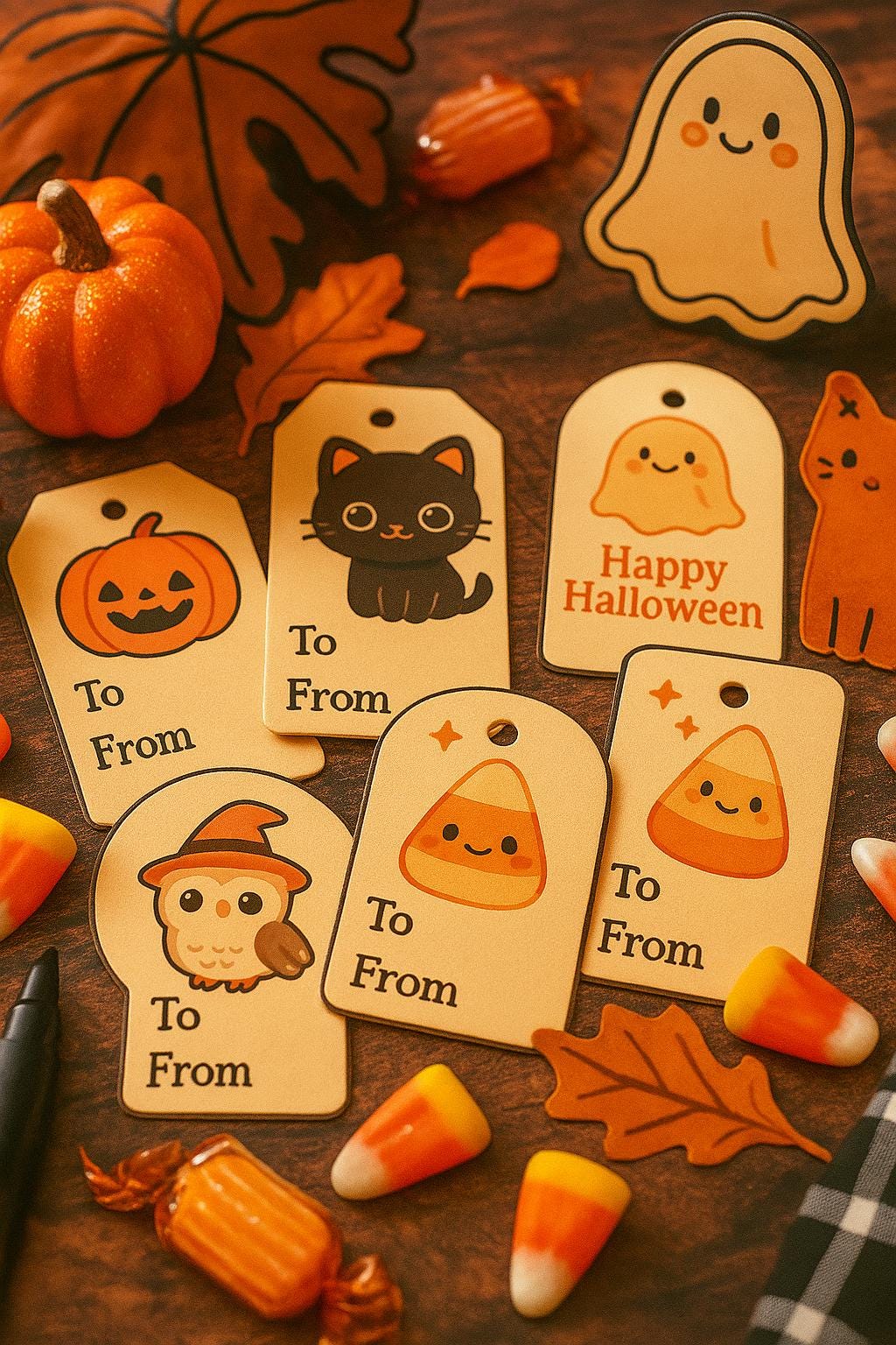 Halloween Gift Tags Printable – Cute Kawaii Pumpkin, Ghost, Cat & Candy Corn Tags – Instant Download PDF by JollyBox Studio