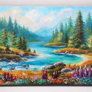 Hand-Painted Acrylic Painting on Canvas: House by Forest, Original Artwork