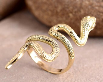 Gold Snake Ring – Adjustable Serpent Ring for Women – Brass Gold Plated Snake Jewelry – Boho Statement Ring Gift for Her