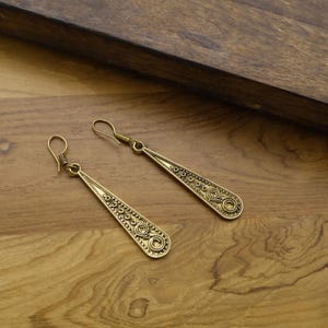 Handcrafted Brass Dangle Earrings – Long Tribal Boho Drop Jewelry with Intricate Swirl Patterns, Lightweight Vintage-Style Statement Gift