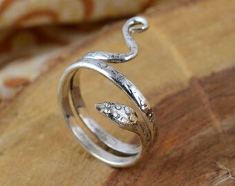 Silver Snake Wrap Ring – Adjustable Serpent Ring – Boho Gothic Animal Jewelry – Handmade Symbolic Protection Ring