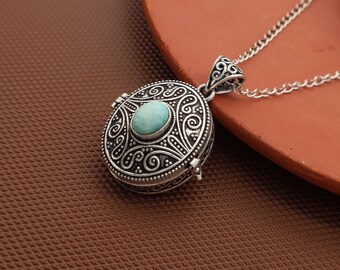 Vintage Brass Poison Box Pendant with Turquoise – Boho Locket Necklace – Handmade Spiritual Healing Jewelry with Secret Compartment