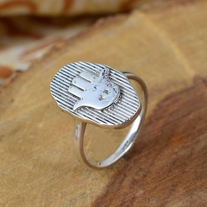 Silver Hamsa Hand Ring – Spiritual Protection Jewelry – Adjustable Evil Eye Hand Ring – Handmade Boho Symbolic Gift