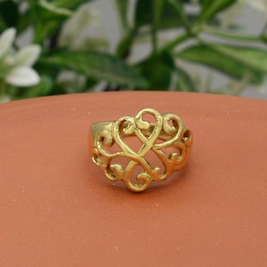 Brass Filigree Heart Ring – Adjustable Openwork Ring, Vintage Inspired Brass Band , Handmade Brass Celtic Knot Ring: Heart & Wave Band