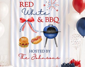 May include: A festive scene with a banner reading "Red, White & BBQ" and illustrations of a burger, hot dog, and grill. Balloons in red, white, and blue, along with party hats and gift bags, complete the patriotic theme.