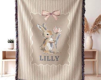 Personalized Woven Bunny Baby Blanket Personalized Nursery Blanket Custom Nursery Decor Spring Baby Animals Newborn Custom Name Blanket
