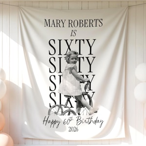 Banner personalizado para festa de 60 anos: Painel fotográfico para festa de adultos com tema de sessenta anos, decoração retrô para aniversário.
