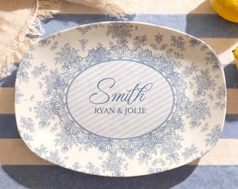 Custom Wedding Platter: Blue Toile De Jouy Serving Plate Personalized Mr and Mrs Name Wedding Gift Bride and Groom Platter