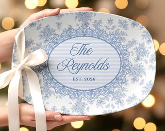 Custom Wedding Platter: Blue Toile De Jouy Serving Plate Personalized Mr and Mrs Name Wedding Gift Bride and Groom Platter