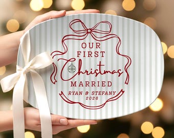 Just Married Christmas Serving Platter Custom Holiday Cookie Plate First Christmas Married Newlywed Christmas Gift
