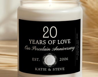 Vela perfumada de porcelana personalizada para aniversario. Regalos personalizados para el 20.º aniversario para parejas, con nombres y fecha.