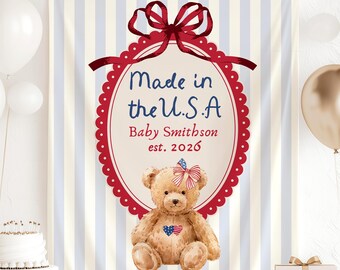 Guirnalda para baby shower con osito de peluche, hecha en EE. UU., personalizada, patriótica, para baby shower del 4 de julio.