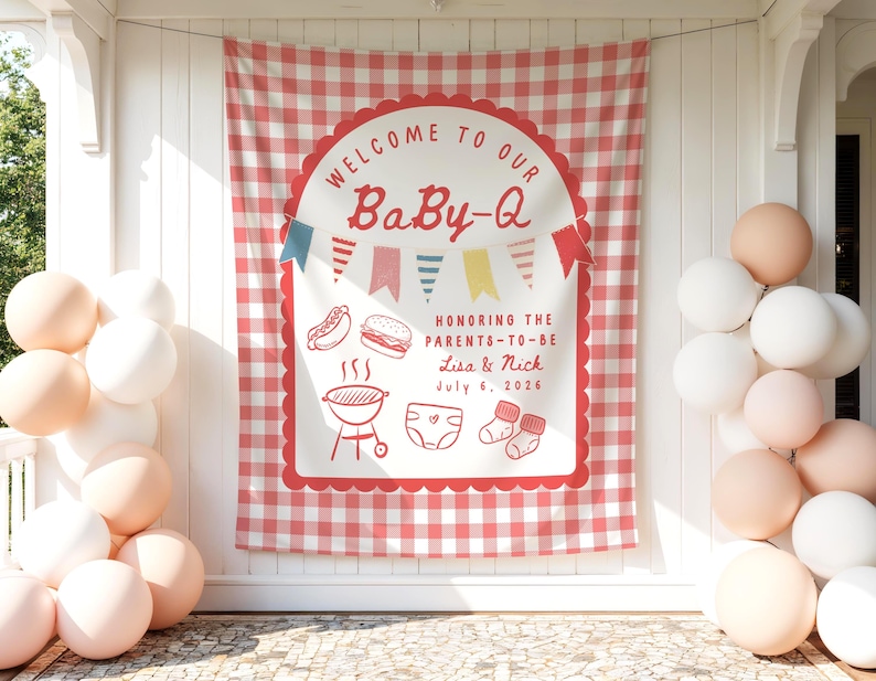 May include: A red and white checkered backdrop with a sign that reads "WELCOME TO OUR BaBy-Q" with illustrations of a grill, hotdog, and diaper. The sign honors Lisa & Nick, July 6, 2026. Balloons in white and peach hues are on the left and right.
