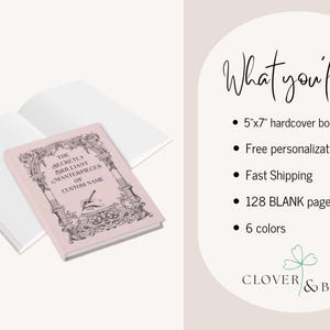 May include: A pink hardcover book with the text "The Secretly Brilliant Masterpieces of Custom Name" in black. The book is 5"x7" and has 128 blank pages. The image also shows an open book with blank pages.