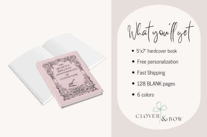 May include: A pink hardcover book with the text "The Secretly Brilliant Masterpieces of Custom Name" in black. The book is 5"x7" and has 128 blank pages. The image also shows an open book with blank pages.