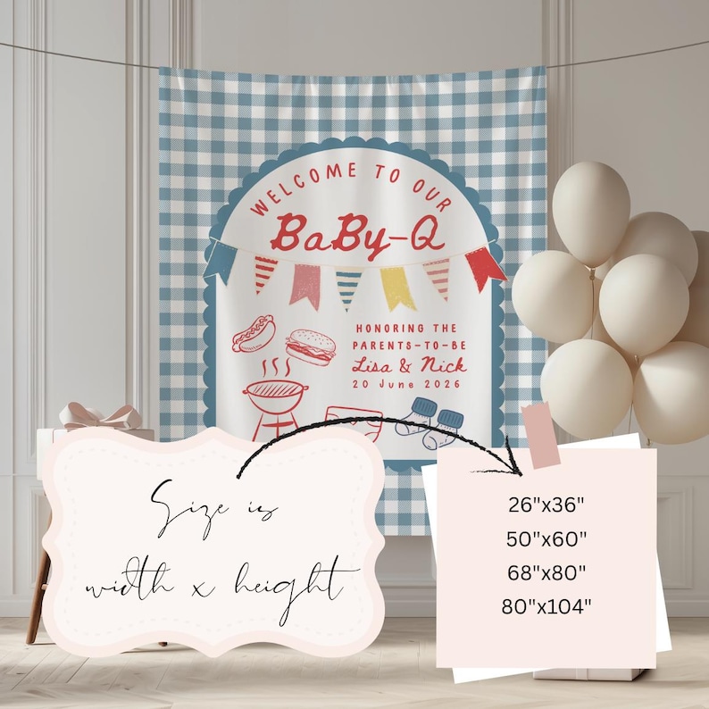 May include: A baby shower backdrop with a blue and white gingham pattern. The banner reads "Welcome to our Baby-Q" with illustrations of a grill, hot dogs, and a burger. Sizes available: 26"x36", 50"x60", 68"x80", and 80"x104".