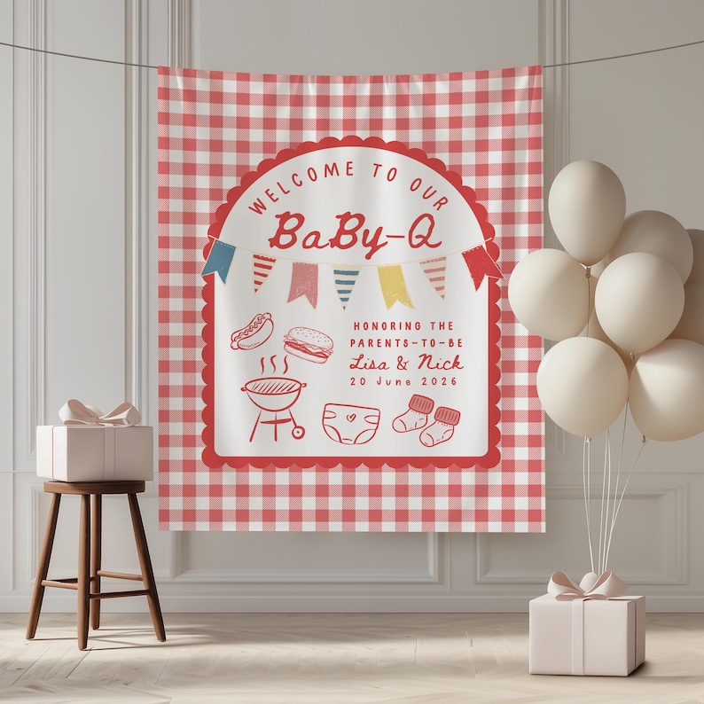 May include: A red and white checkered Baby-Q banner with the text "WELCOME TO OUR Baby-Q" in a decorative frame. The banner includes illustrations of a grill, hot dog, burger, diaper, and socks. White balloons and gift boxes are also present.