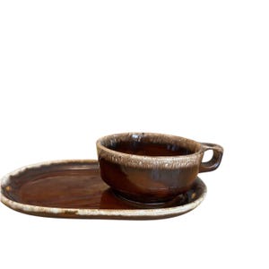 Hull Pottery Brown Drip Soup Mug & Sandwich/Snack Tray Ovenproof USA Vtg 1960s