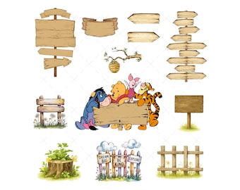 Printable Winnie the Pooh Party Signs PNG 100 Acre Wood Birthday Party Decorations,classic Winnie the Pooh woods welcome digital 30+cliparts