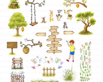 wooden signs png ,classic Winnie the pooh tree honey jar png baby shower birthday signs tree elements Birthday décor, Watercolor 5 files set