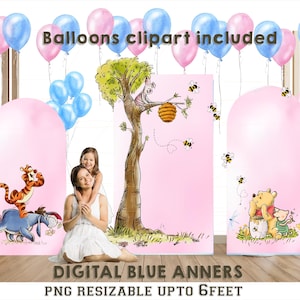 8x5 Feet pink  Pooh Book Backdrop/ Giant Classic Winnie The Pooh Backdrop in DIGITAL 3 FILE / Instant Download +pooh backdrop balloons