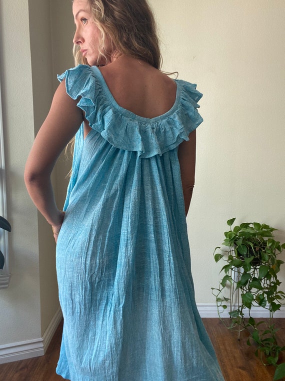 1970s 70s Indian Cotton gauze ruffle collar caftan dr… Gem