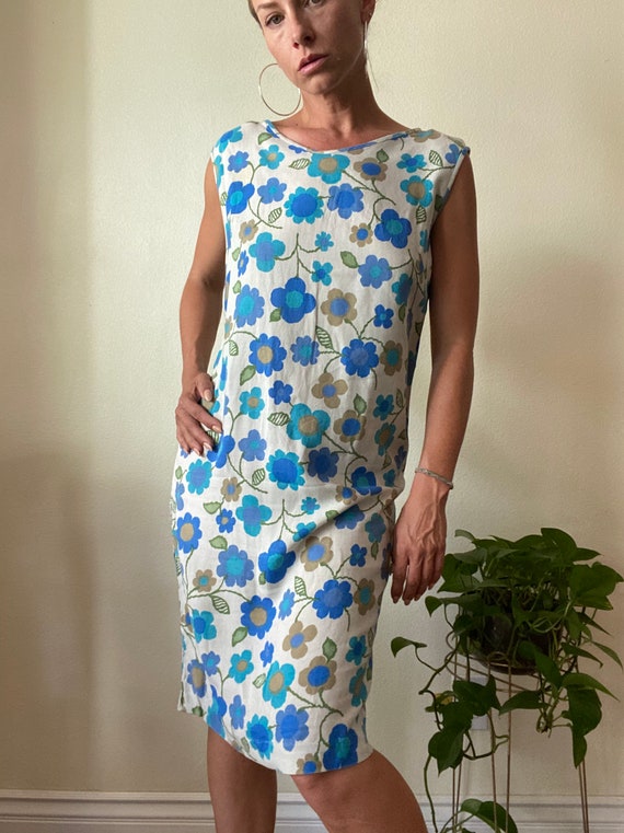 60’s Mod Floral linen shift dress Az Med/Large - image 4