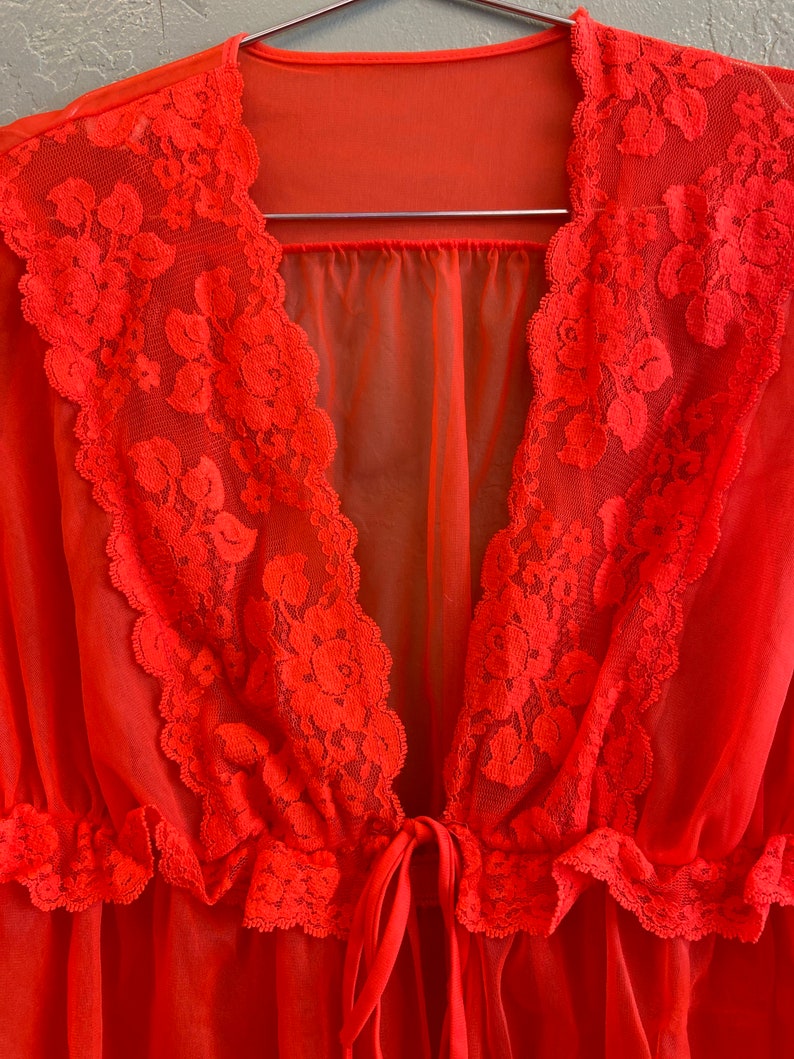 Red orange tie front sheer lace top