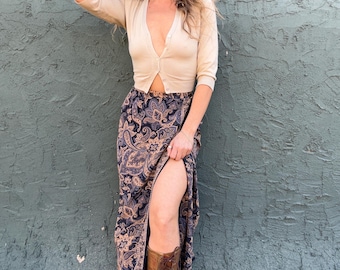 90’s navy and neutral silk wrap skirt size small