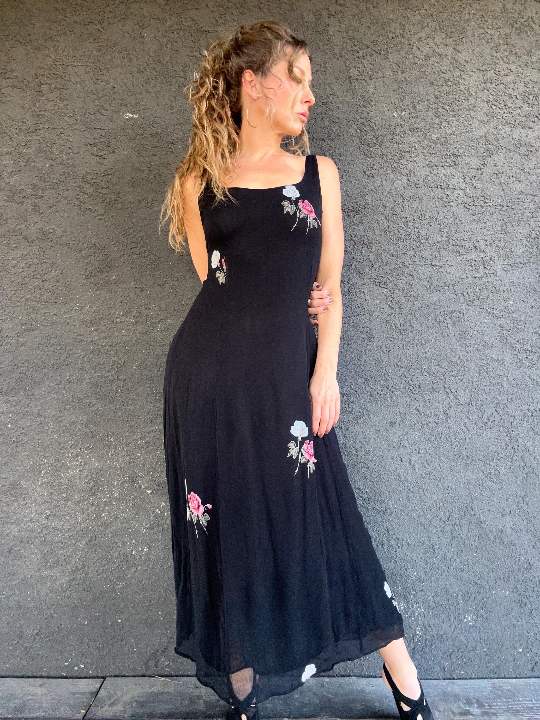 Robe Vintage Noire à Motifs Roses Pour Femme - Taille 7-8 - Style Bodycon Sans Manches - Occasion Très Bon état